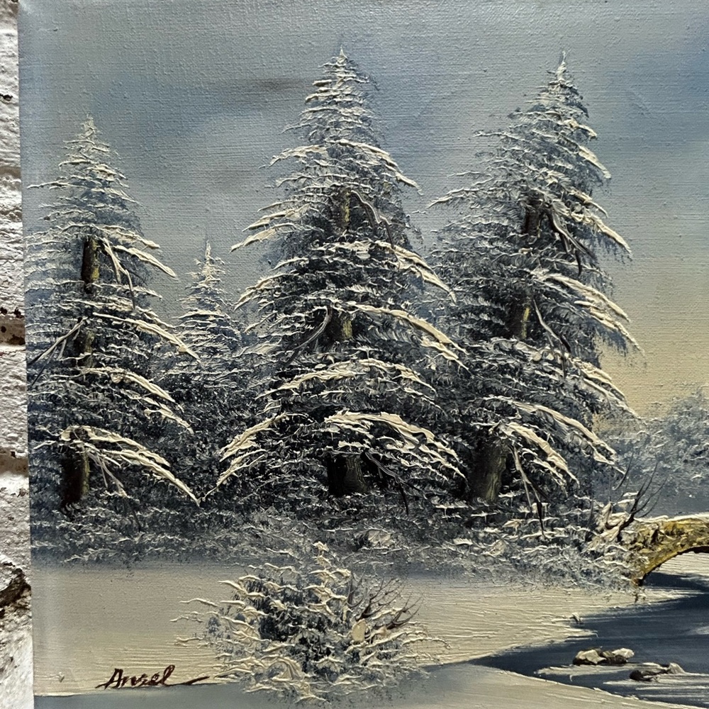 Winter Landscape Painting with Snowy Trees and Bridge - Picture 7 of 10